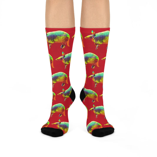 Golden Armadillo in Red Crew Socks