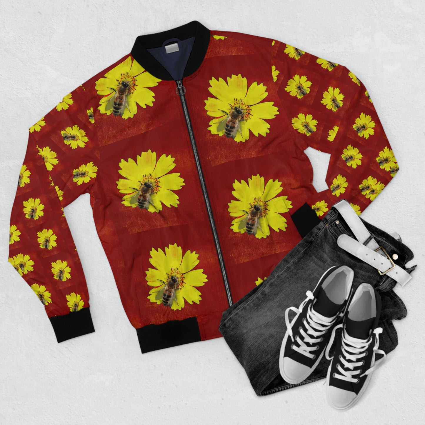 Bee and Flower Full-Zip Bomber Jacket