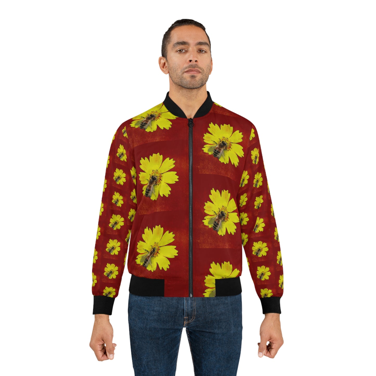 Bee and Flower Full-Zip Bomber Jacket