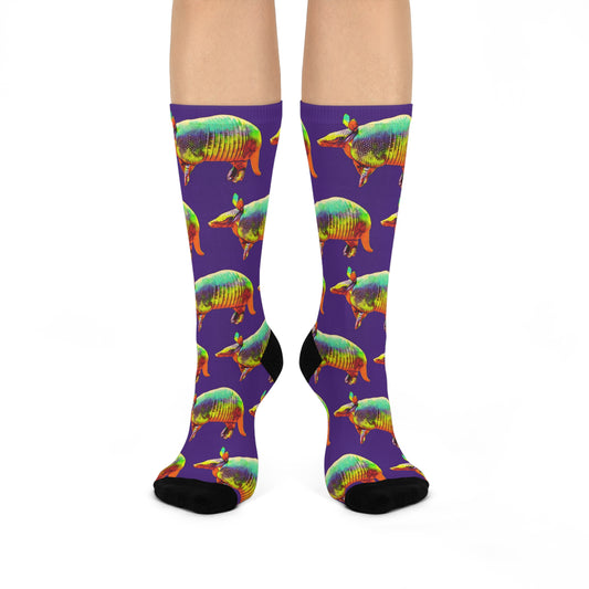 Golden Armadillo in Purple Crew Socks