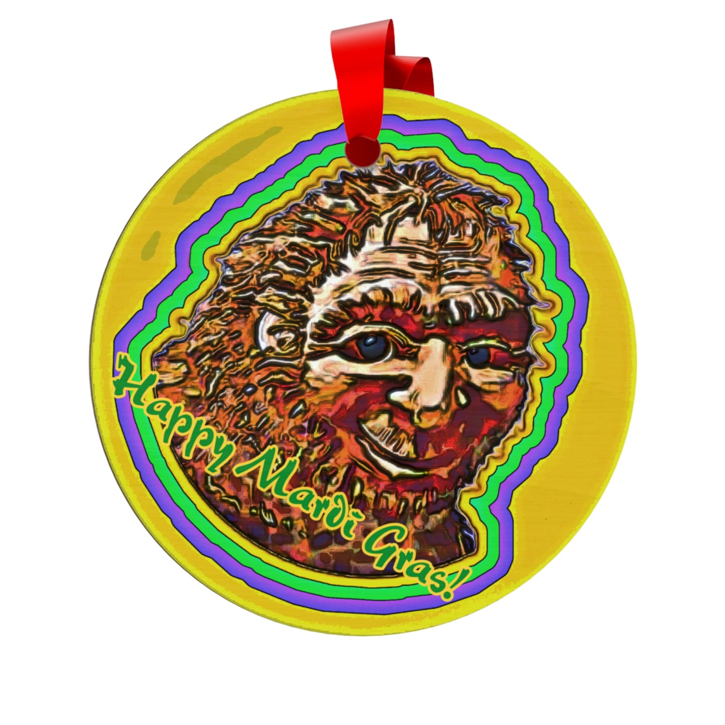 Bigfoot Mardi Gras Wooden Ornament