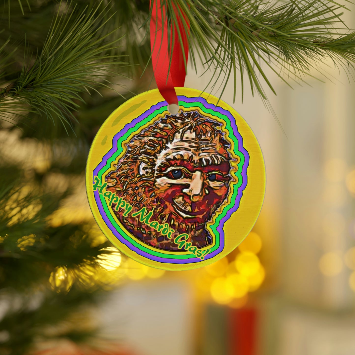 Bigfoot Mardi Gras Wooden Ornament