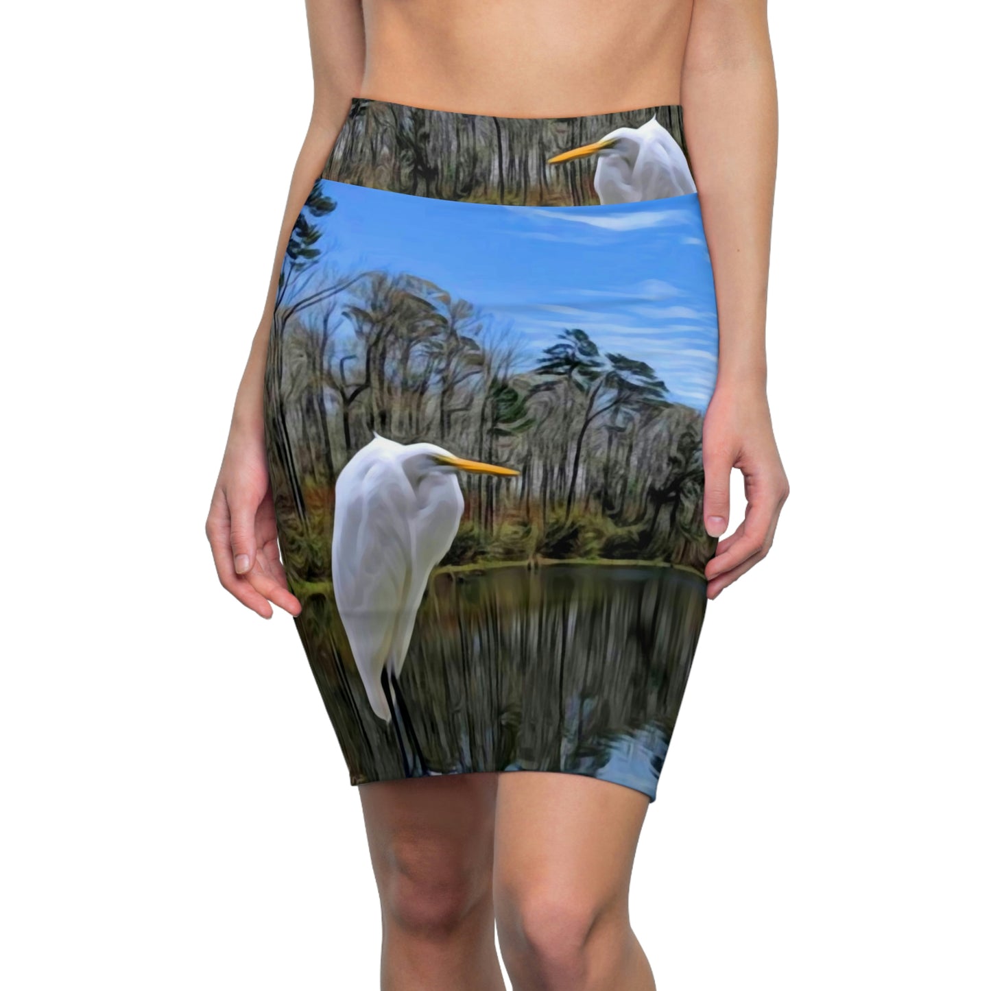 Egret on Valentine Lake Pencil Skirt