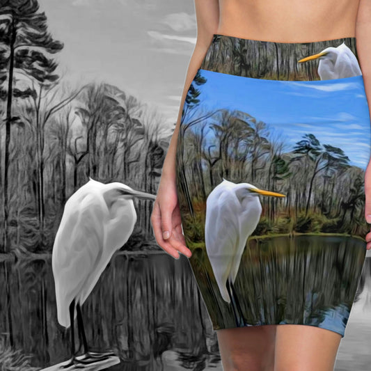 Egret on Valentine Lake Pencil Skirt